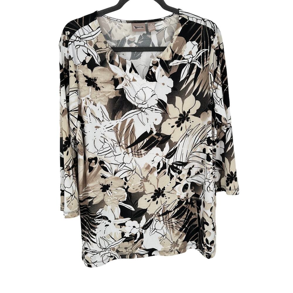 Chico's Size XL Black Brown Floral Blouse 3/4 Sleeve‎ Stretch Office Career EUC